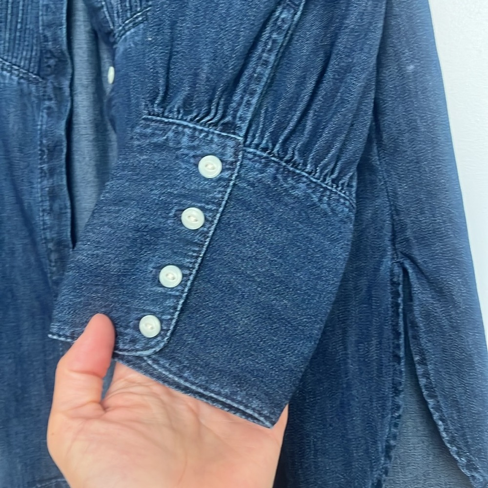 GAP Blue Button Down Shirt with Mandarin Collar and 3/4 Sleeves - Picture 8 of 10